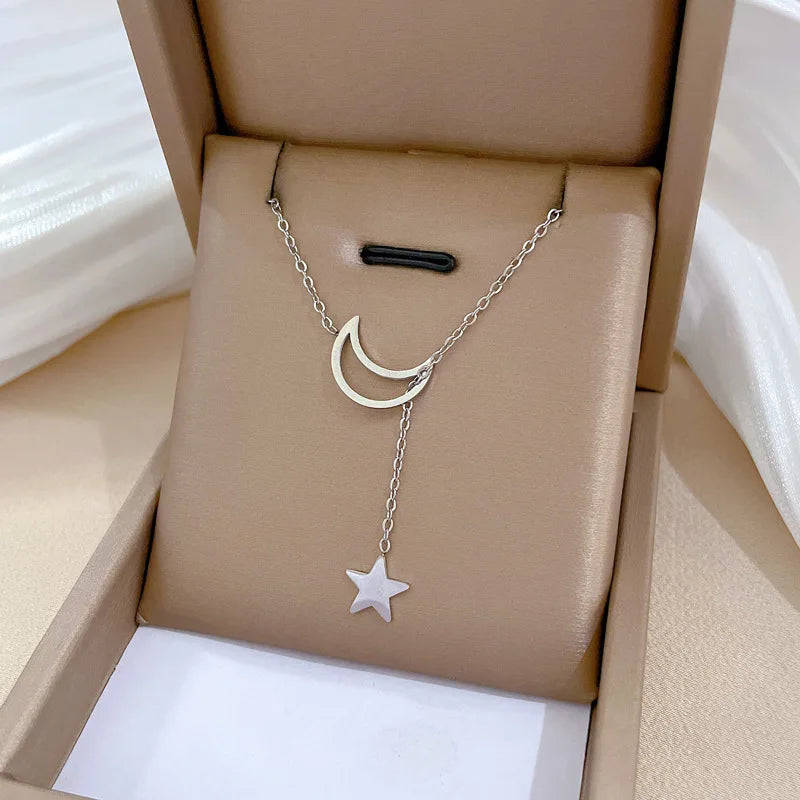 All Stainless Steel Simple Hollow Moon and Star Tassel Necklaces for Women Girls Trendy Collar Choker Accessories Gifts