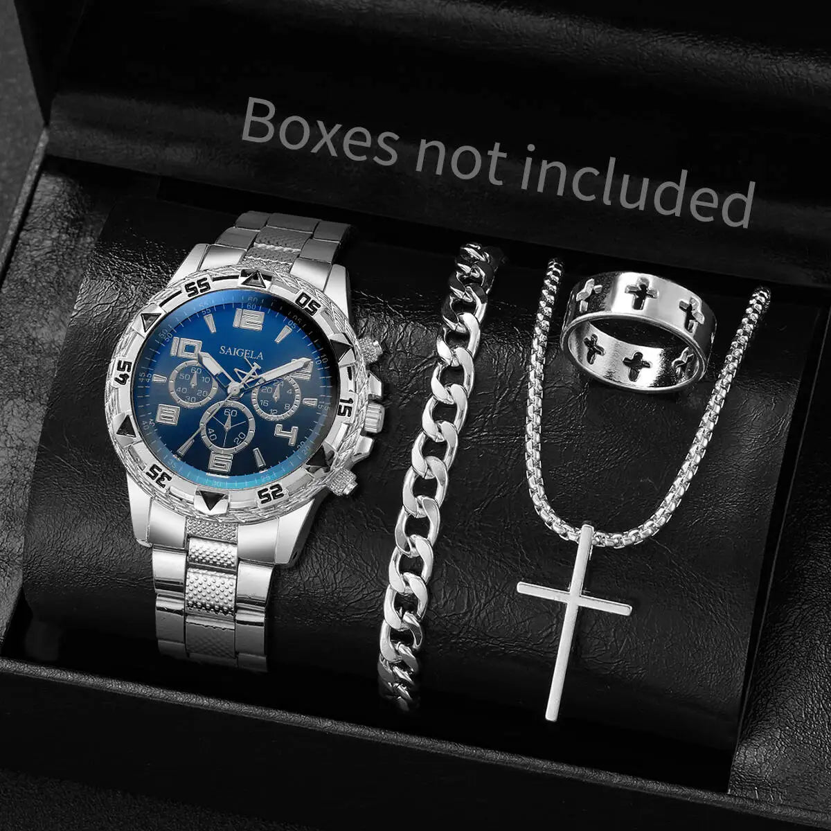4PCS Men’s Stainless Steel Watch & Jewelry Set – Luxury Quartz Wristwatch