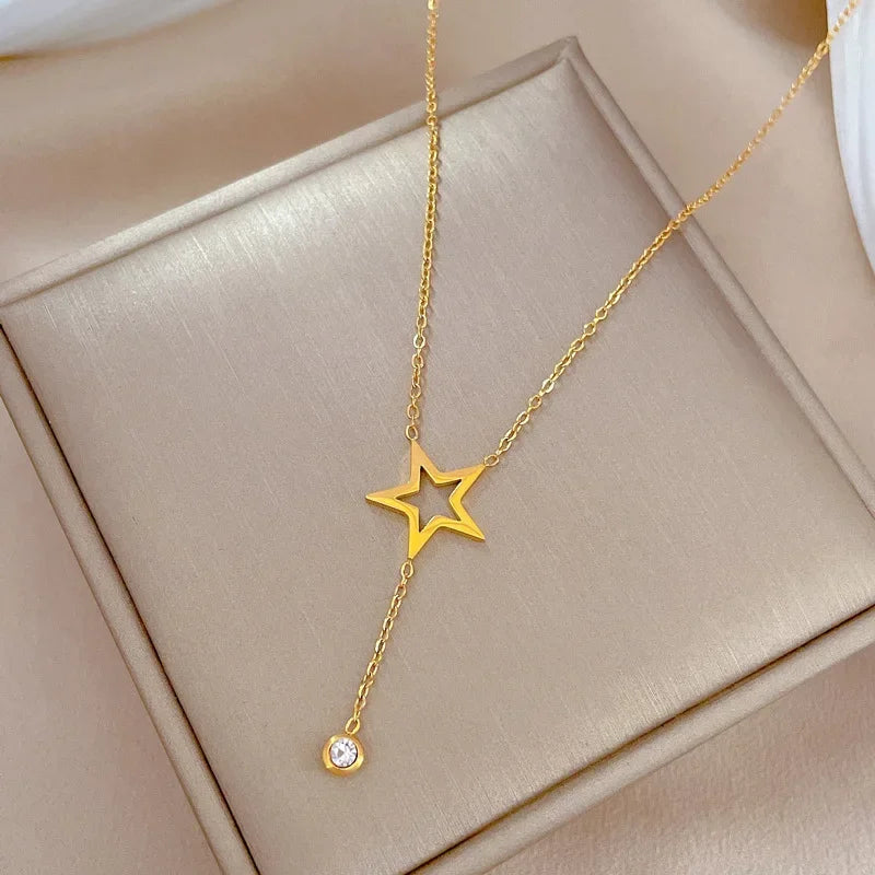 Minimalist Titanium Steel Star Pendant Necklace for Women – Dainty Collarbone Chain Jewelry, Gift Choice