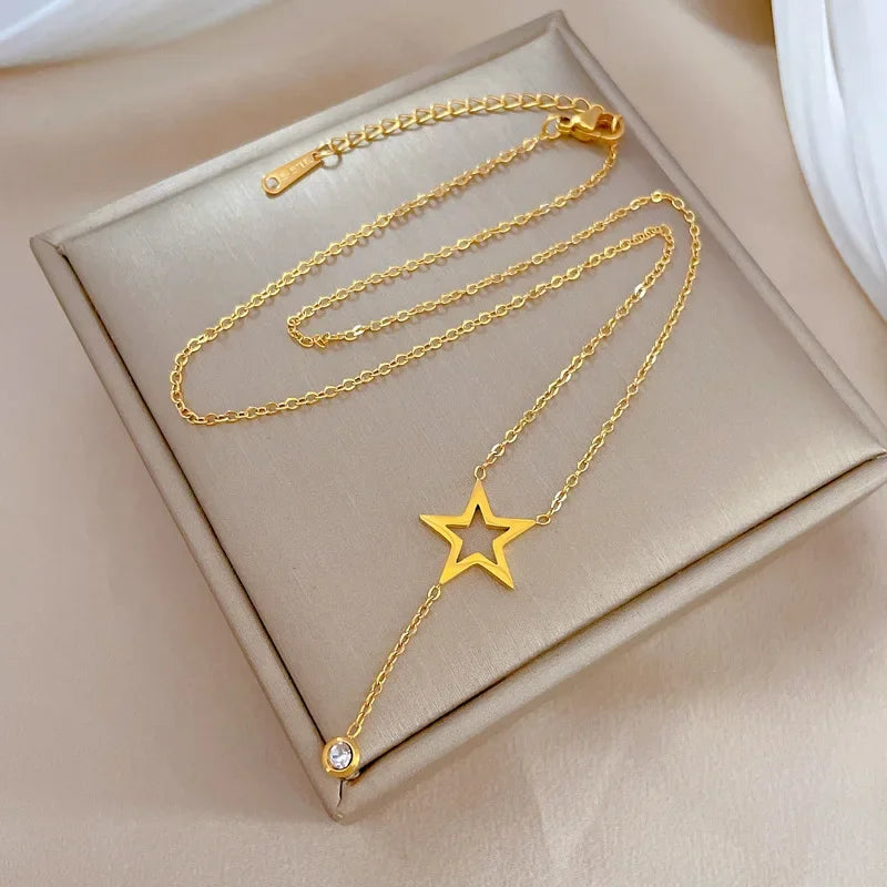 Minimalist Titanium Steel Star Pendant Necklace for Women – Dainty Collarbone Chain Jewelry, Gift Choice