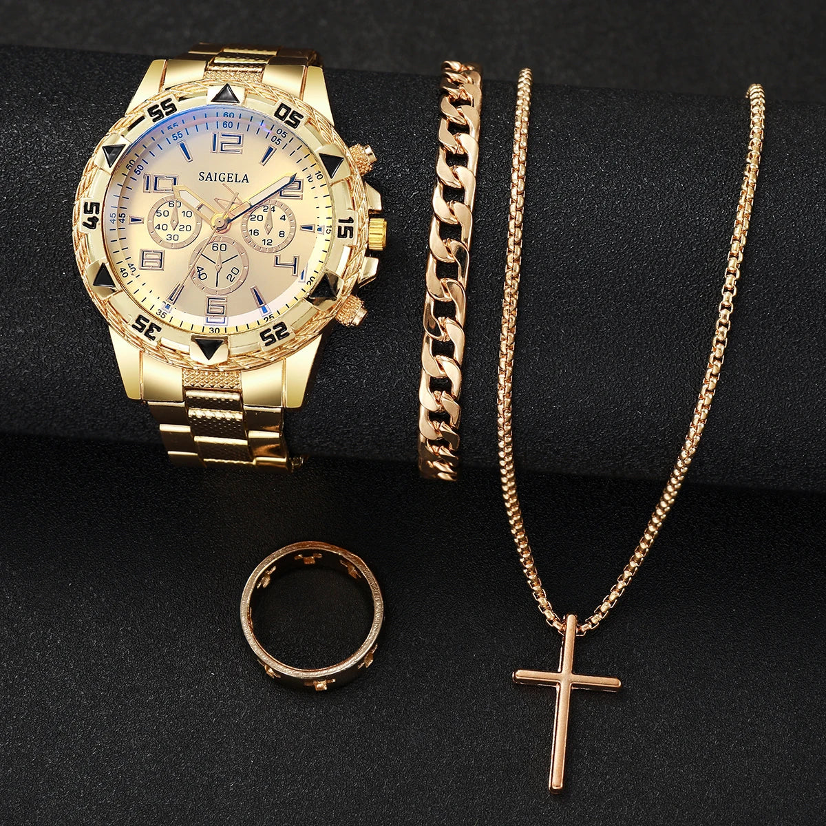 4PCS Men’s Stainless Steel Watch & Jewelry Set – Luxury Quartz Wristwatch