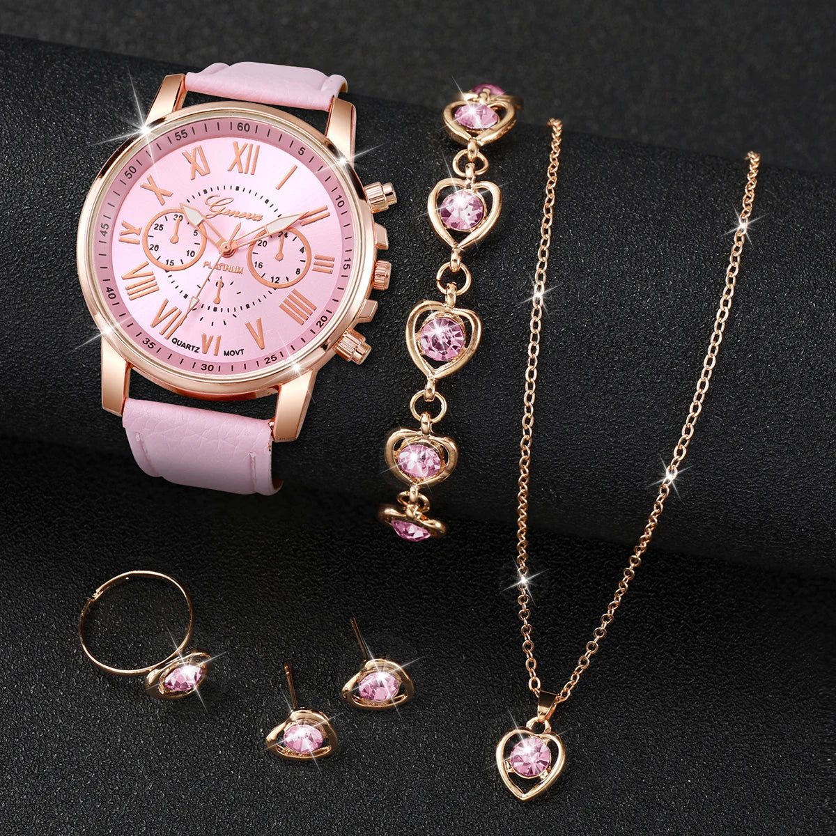 5/6PCS Women's Quartz Leather Band Wrist Watch Set