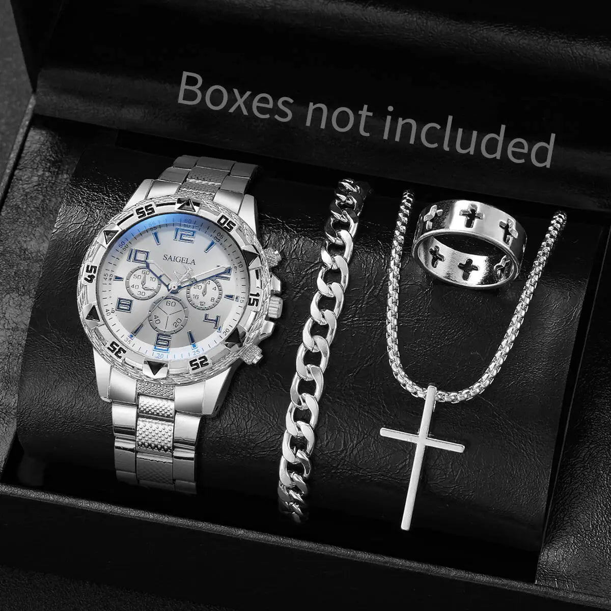 4PCS Men’s Stainless Steel Watch & Jewelry Set – Luxury Quartz Wristwatch
