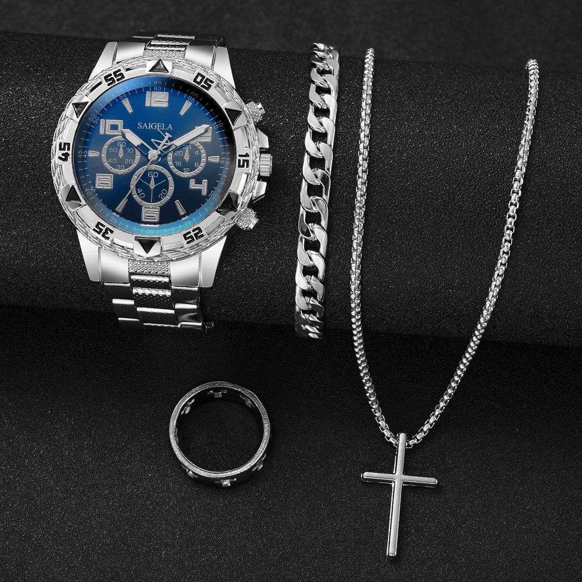 4PCS Men’s Stainless Steel Watch & Jewelry Set – Luxury Quartz Wristwatch