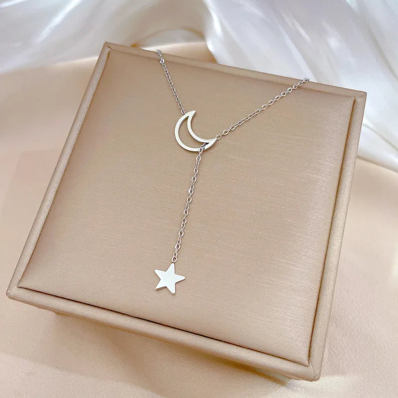 All Stainless Steel Simple Hollow Moon and Star Tassel Necklaces for Women Girls Trendy Collar Choker Accessories Gifts