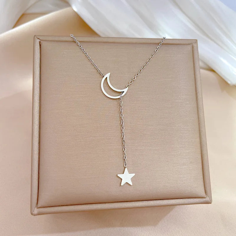 All Stainless Steel Simple Hollow Moon and Star Tassel Necklaces for Women Girls Trendy Collar Choker Accessories Gifts