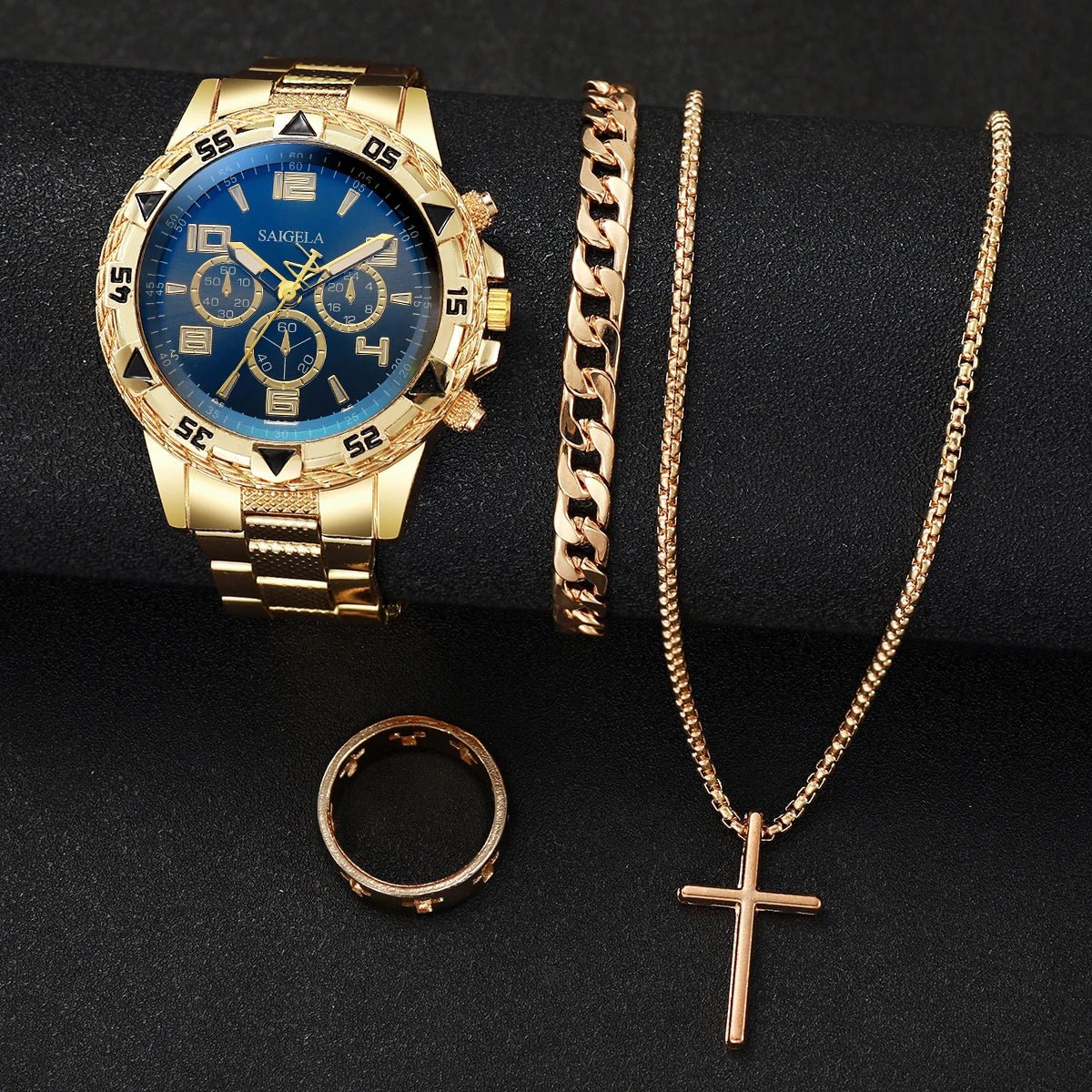 4PCS Men’s Stainless Steel Watch & Jewelry Set – Luxury Quartz Wristwatch