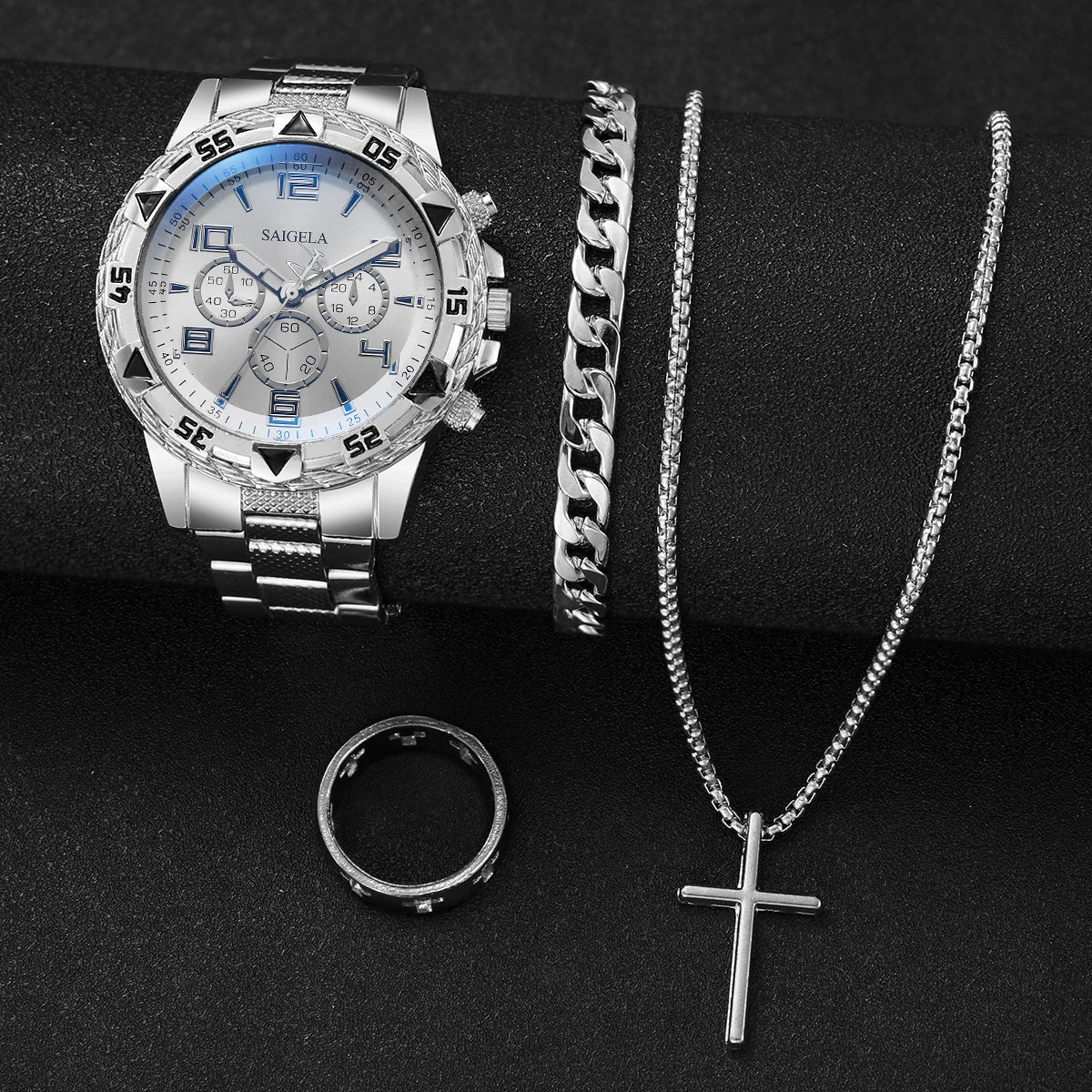 4PCS Men’s Stainless Steel Watch & Jewelry Set – Luxury Quartz Wristwatch
