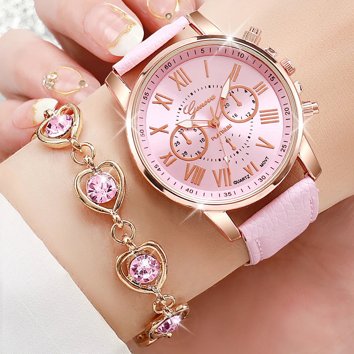 5/6PCS Women's Quartz Leather Band Wrist Watch Set
