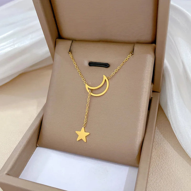 All Stainless Steel Simple Hollow Moon and Star Tassel Necklaces for Women Girls Trendy Collar Choker Accessories Gifts