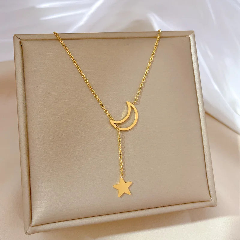 All Stainless Steel Simple Hollow Moon and Star Tassel Necklaces for Women Girls Trendy Collar Choker Accessories Gifts