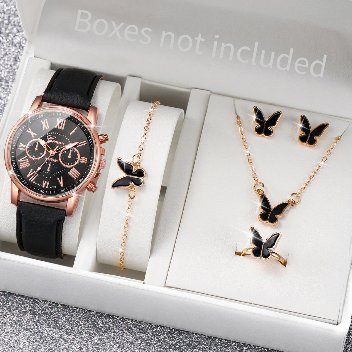 5/6PCS Women's Quartz Leather Band Wrist Watch Set