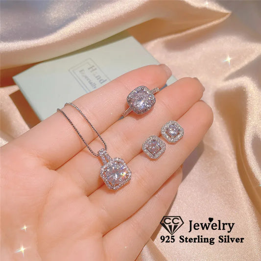 CC Wedding Jewelry Silver Color Necklace Earring Ring Sets for Women Party Engagement Accessories Classic Design CCN501