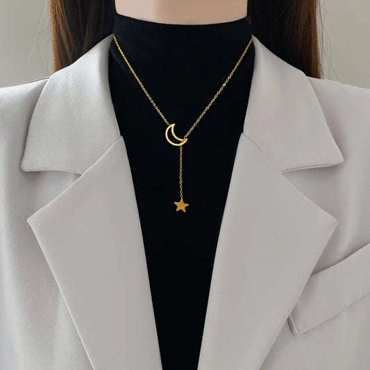 All Stainless Steel Simple Hollow Moon and Star Tassel Necklaces for Women Girls Trendy Collar Choker Accessories Gifts