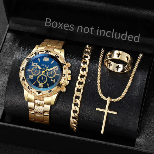 4PCS Men’s Stainless Steel Watch & Jewelry Set – Luxury Quartz Wristwatch