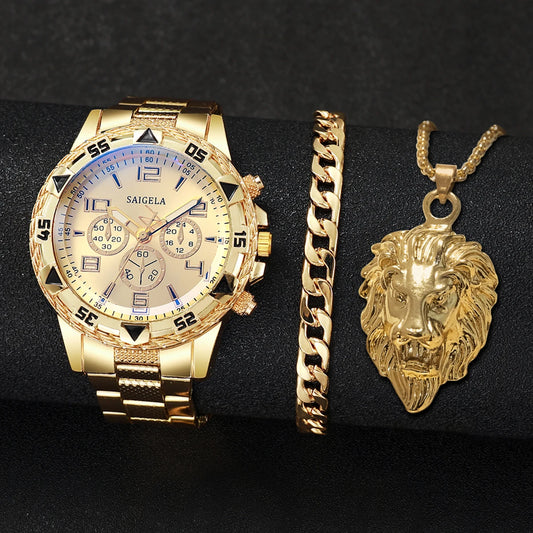 3PCS/Set Fashion Steel Band Men's Watch Jewelry Set
