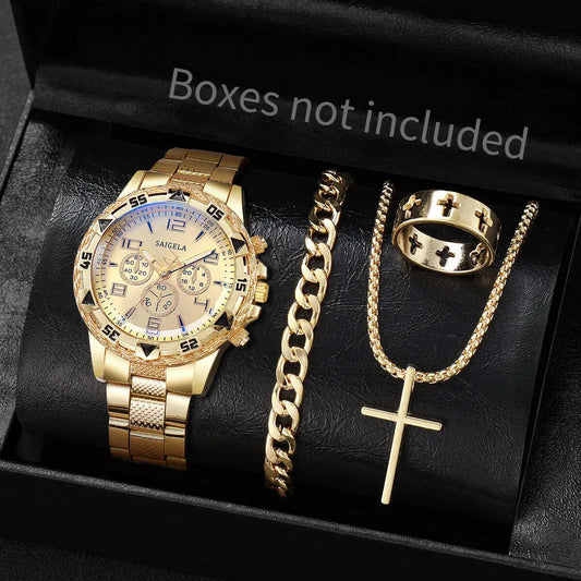 4PCS Men’s Stainless Steel Watch & Jewelry Set – Luxury Quartz Wristwatch