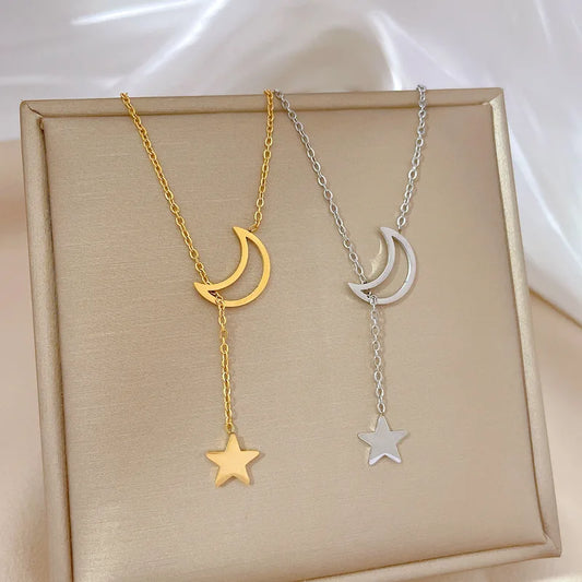 All Stainless Steel Simple Hollow Moon and Star Tassel Necklaces for Women Girls Trendy Collar Choker Accessories Gifts